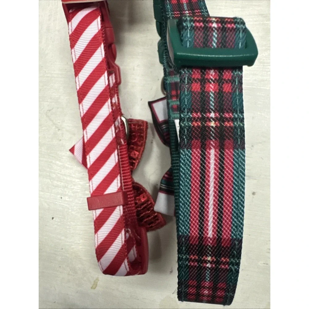 Lot Of 2 Merry & Bright Adjustable Christmas Red Green Dog‎ Sripes W/ Bow Sz M